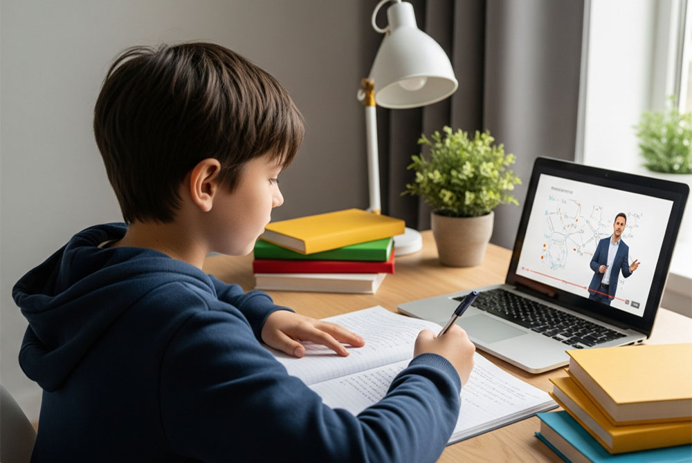 Student learning with an AI chat assistant alongside a course video